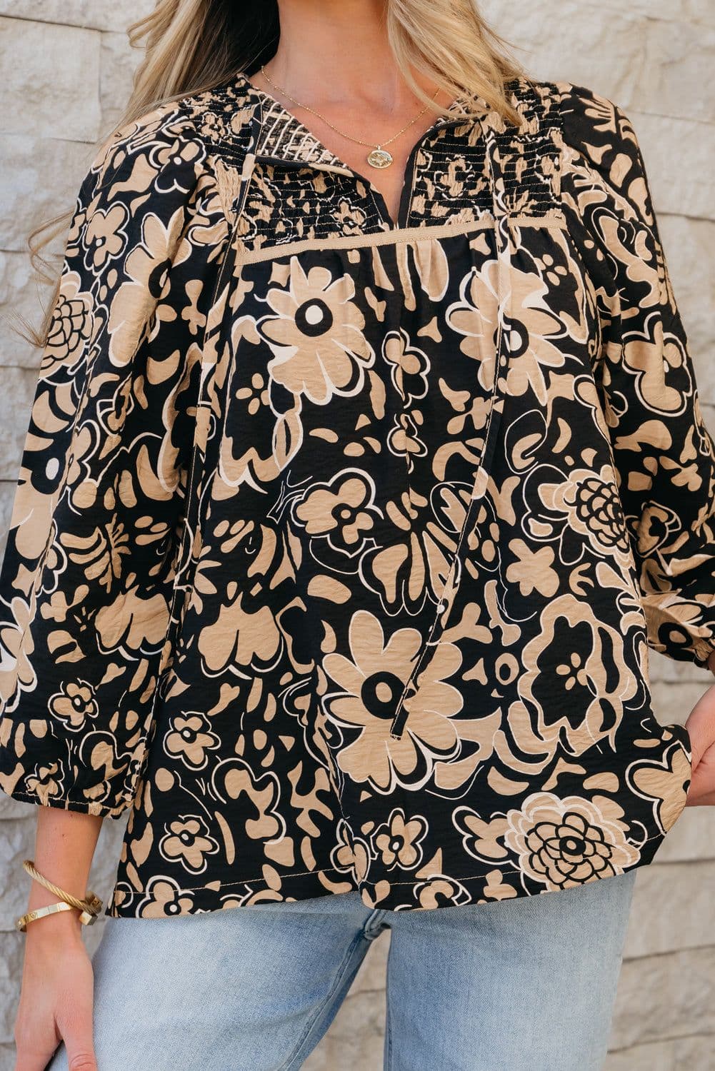 image-Black Floral Boho Blouse - Shirred Yoke Bracelet Sleeve