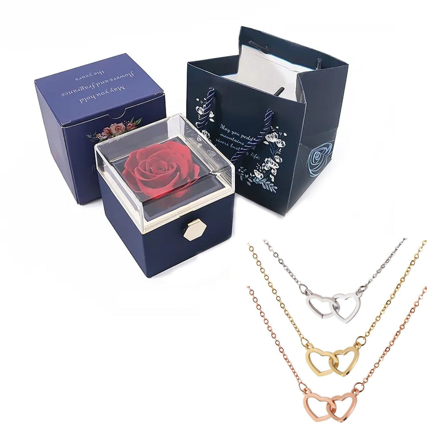 image-European and American stainless steel vacuum electroplating rose gold O-shaped chain with love lettering and bestie rotating rose gift box jewelry