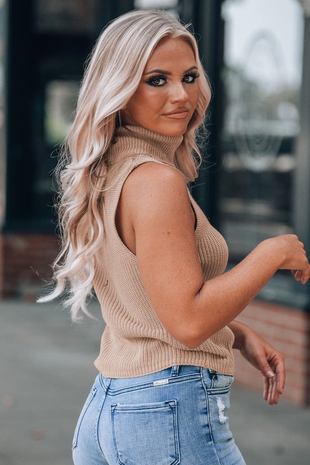 image-Solid Color Turtleneck Knit Tank Top - Oatmeal