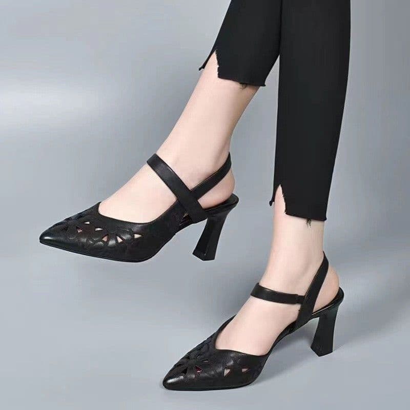 image-Spring new style stiletto heel comfortable pointed toe stitching solid color temperament empty back mother's shoes work shoes cross-border foreign trade women's shoes