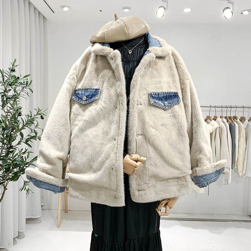 image-2023 Winter Fleece-lined Thickening Denim Jacket Women's Korean-Style Loose Lambswool Casual All-Matching Reversible Cotton-Padded Coat Fashion