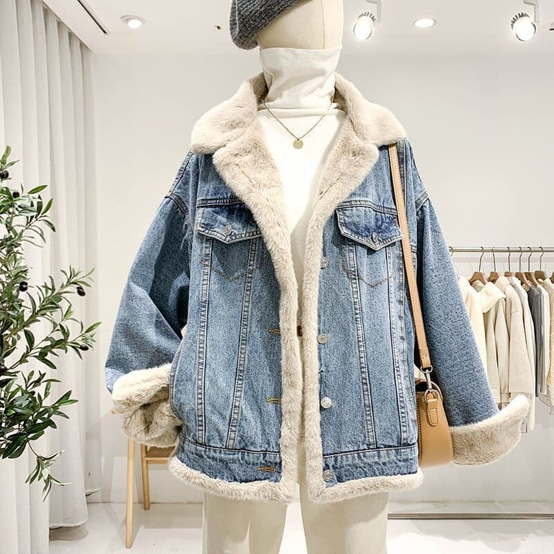 image-2023 Winter Fleece-lined Thickening Denim Jacket Women's Korean-Style Loose Lambswool Casual All-Matching Reversible Cotton-Padded Coat Fashion