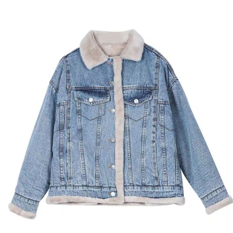 image-2023 Winter Fleece-lined Thickening Denim Jacket Women's Korean-Style Loose Lambswool Casual All-Matching Reversible Cotton-Padded Coat Fashion