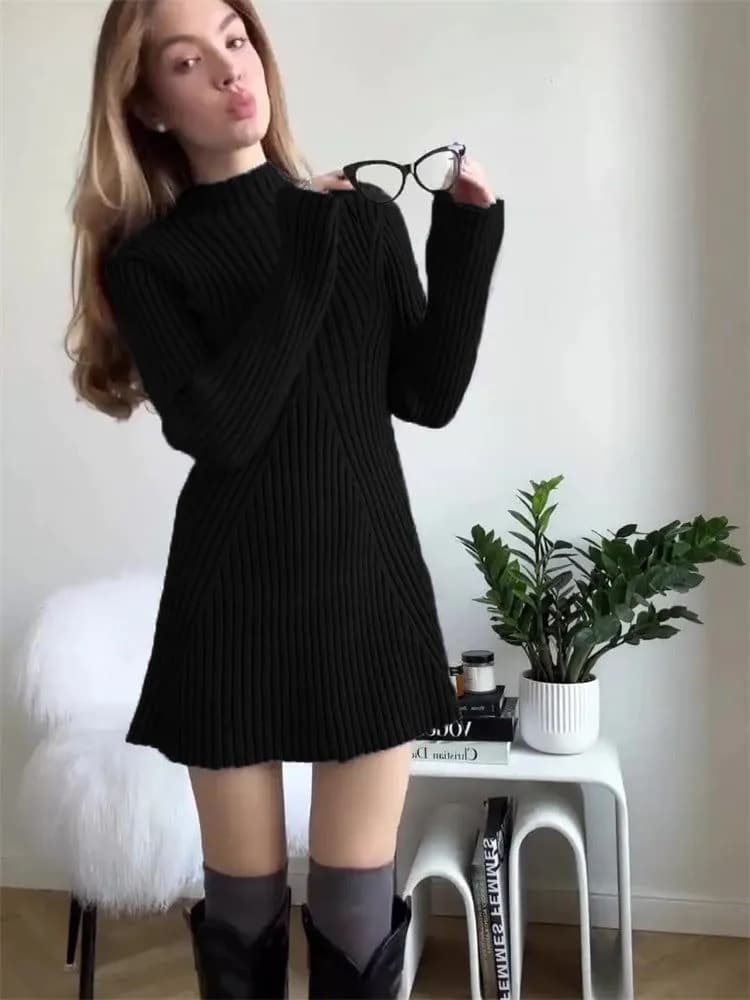 image-Long-sleeved tight knitted dress for women 2023 half turtleneck bottoming hip-hugging solid color temperament short autumn and winter sweater dress