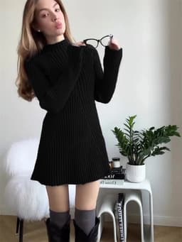 image-Long-sleeved tight knitted dress for women 2023 half turtleneck bottoming hip-hugging solid color temperament short autumn and winter sweater dress