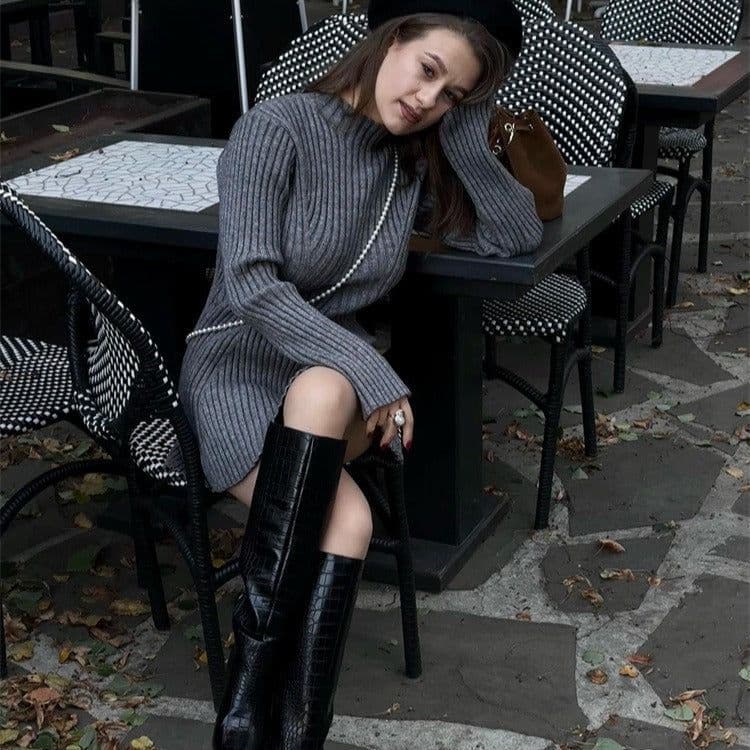 image-Long-sleeved tight knitted dress for women 2023 half turtleneck bottoming hip-hugging solid color temperament short autumn and winter sweater dress