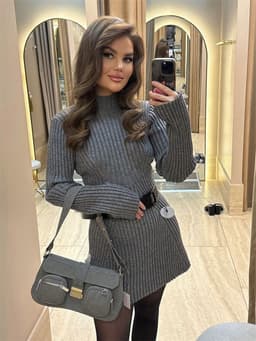 image-Long-sleeved tight knitted dress for women 2023 half turtleneck bottoming hip-hugging solid color temperament short autumn and winter sweater dress