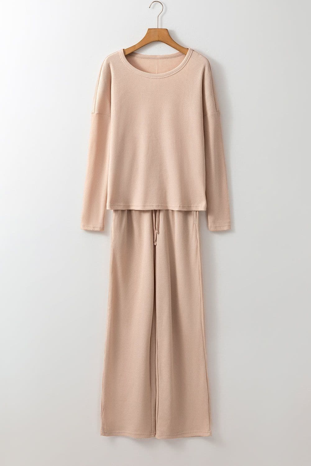 image-Parchment Textured Long Sleeve T-Shirt and Pants Lounge Set