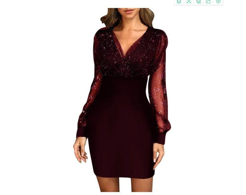 image-2022 European and American mesh V-neck sequined dress slim sexy dress ready for sale 0.22g