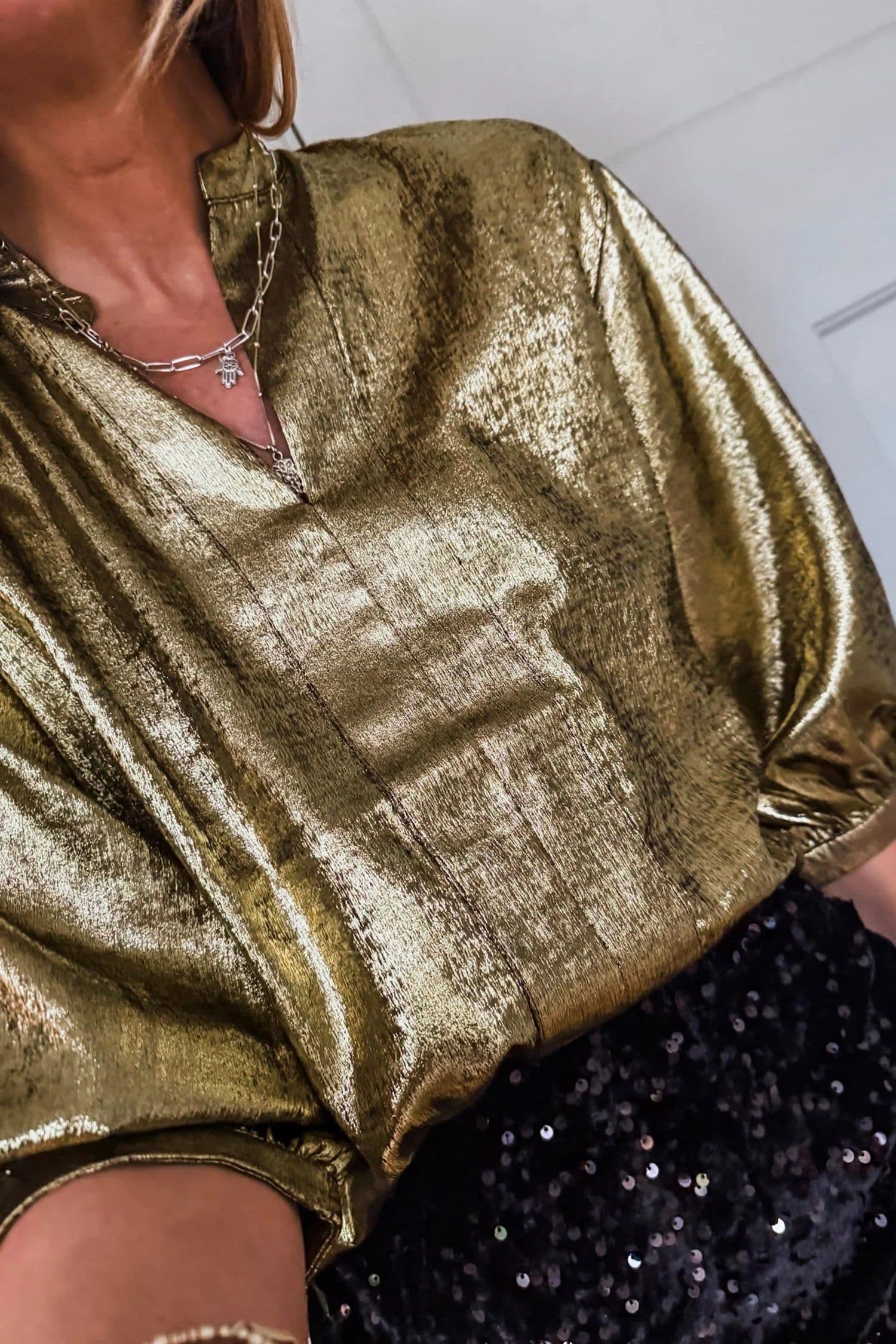 image-Gold Metallic Split Neck Half Sleeve Blouse