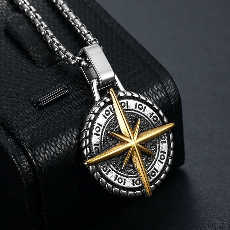 image-Cross-border jewelry stainless steel compass pendant European and American retro titanium steel men's necklace pendant manufacturer wholesale
