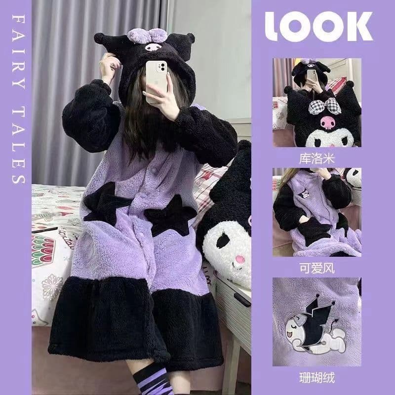 image-Winter pajamas for women, winter coral velvet nightgown with velvet and thickening, students can wear long flannel nightgown in winter