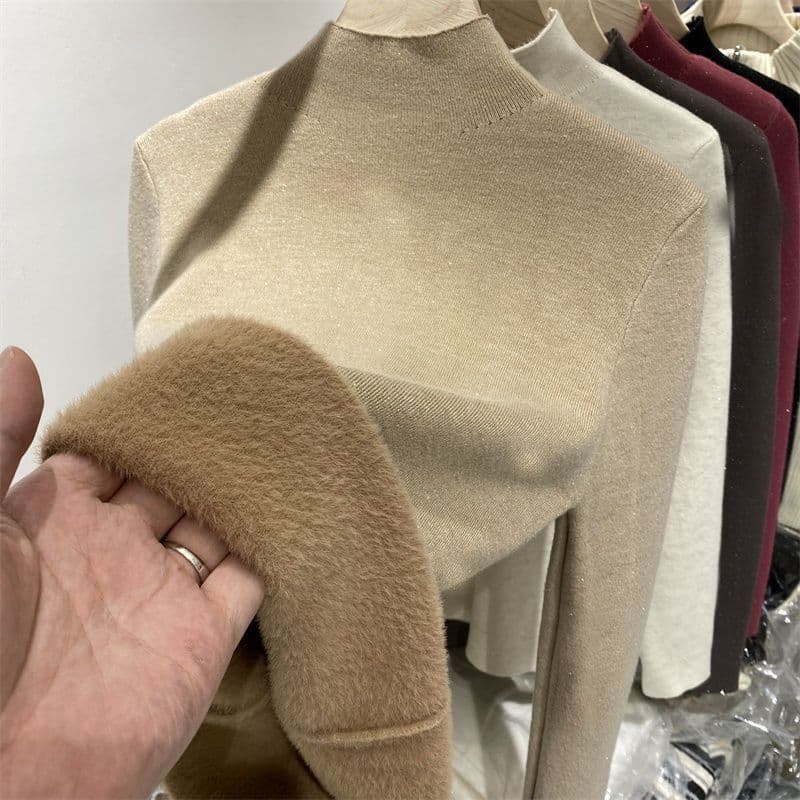 image-Fleece-lined Thickened Integral Velvet Mock Neck Sweater Women's Spring and Autumn New Inner Wear Long-Sleeved Bottoming Sweater Warm Top