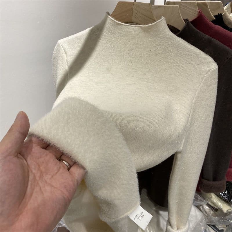 image-Fleece-lined Thickened Integral Velvet Mock Neck Sweater Women's Spring and Autumn New Inner Wear Long-Sleeved Bottoming Sweater Warm Top