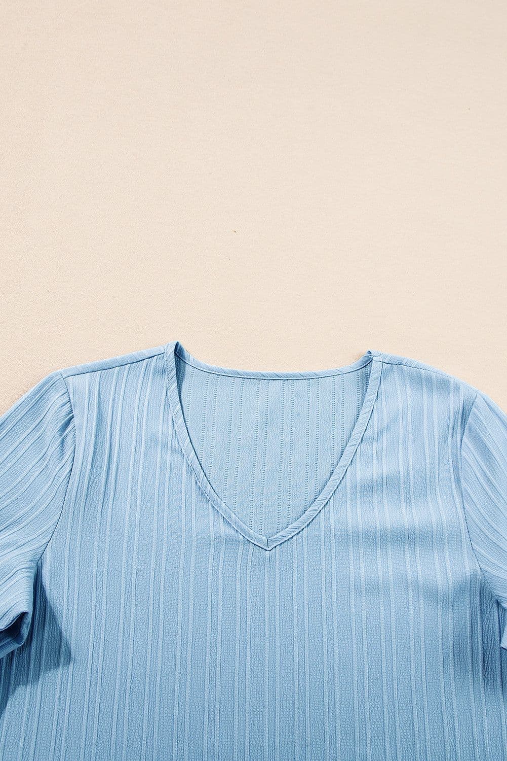 image-Peach Blossom Ruffled Half Sleeve V Neck Textured Top