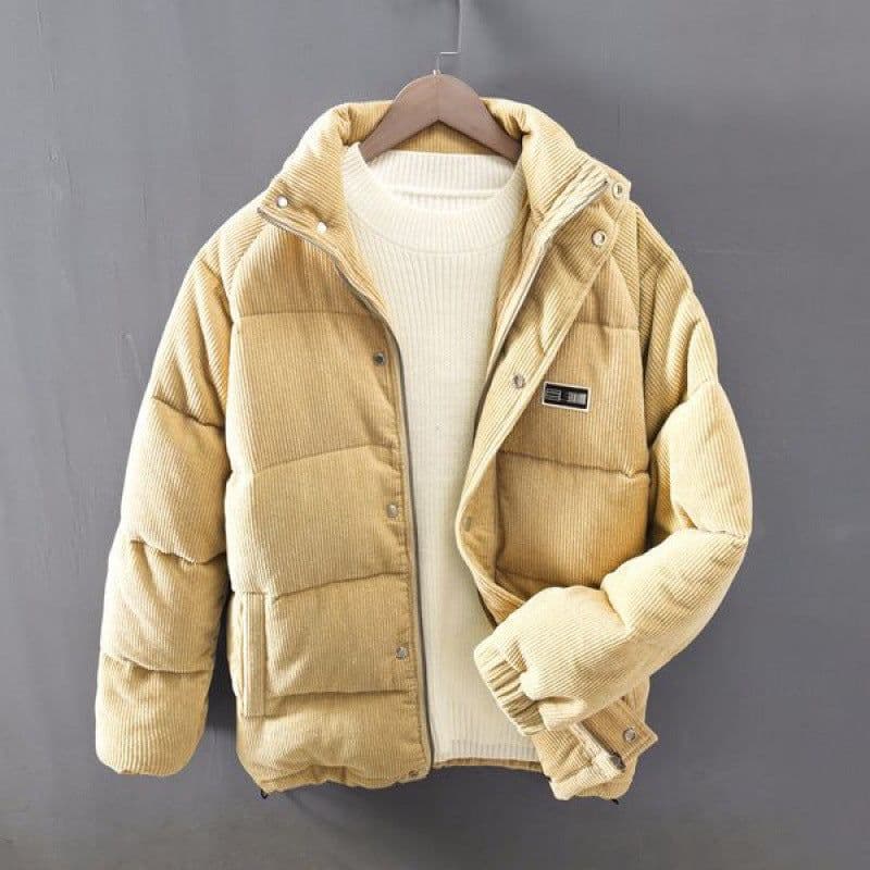image-Corduroy down jacket men's winter Japanese retro anti-season trend thickened warm jacket solid color silhouette short style