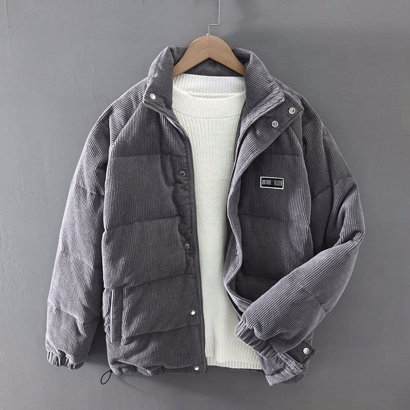 image-Corduroy down jacket men's winter Japanese retro anti-season trend thickened warm jacket solid color silhouette short style