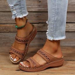 image-2022 cross-border foreign trade new large size slippers, retro stitched non-slip round toe wedge heels, comfortable one-line sandals for women