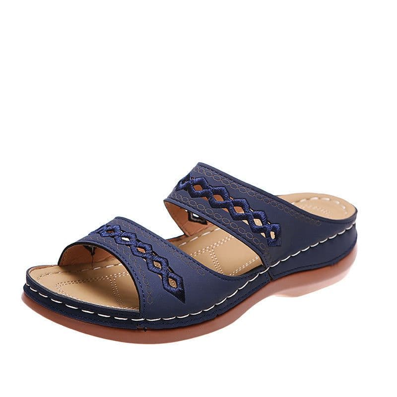 image-2022 cross-border foreign trade new large size slippers, retro stitched non-slip round toe wedge heels, comfortable one-line sandals for women