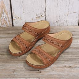 image-2022 cross-border foreign trade new large size slippers, retro stitched non-slip round toe wedge heels, comfortable one-line sandals for women