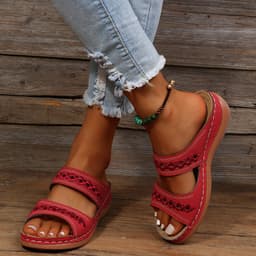 image-2022 cross-border foreign trade new large size slippers, retro stitched non-slip round toe wedge heels, comfortable one-line sandals for women