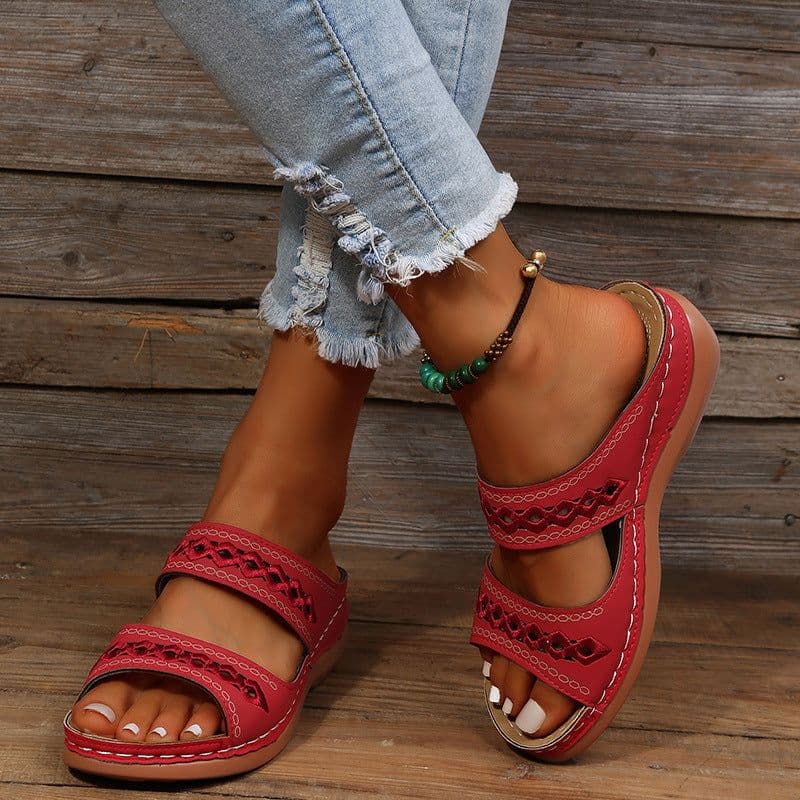 image-2022 cross-border foreign trade new large size slippers, retro stitched non-slip round toe wedge heels, comfortable one-line sandals for women