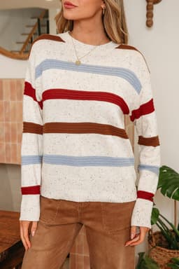 image-Beige Stripe Drop Shoulder Heathered Knit Sweater
