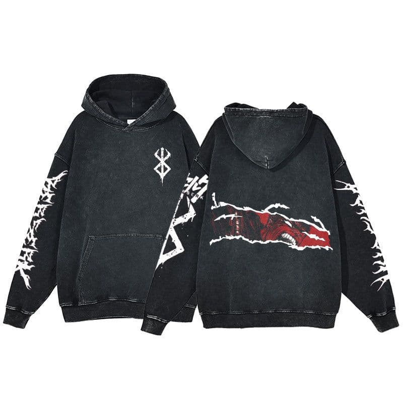 image-Anime Berserk Hoodie Men's Clothing Black Vintage Print Cot