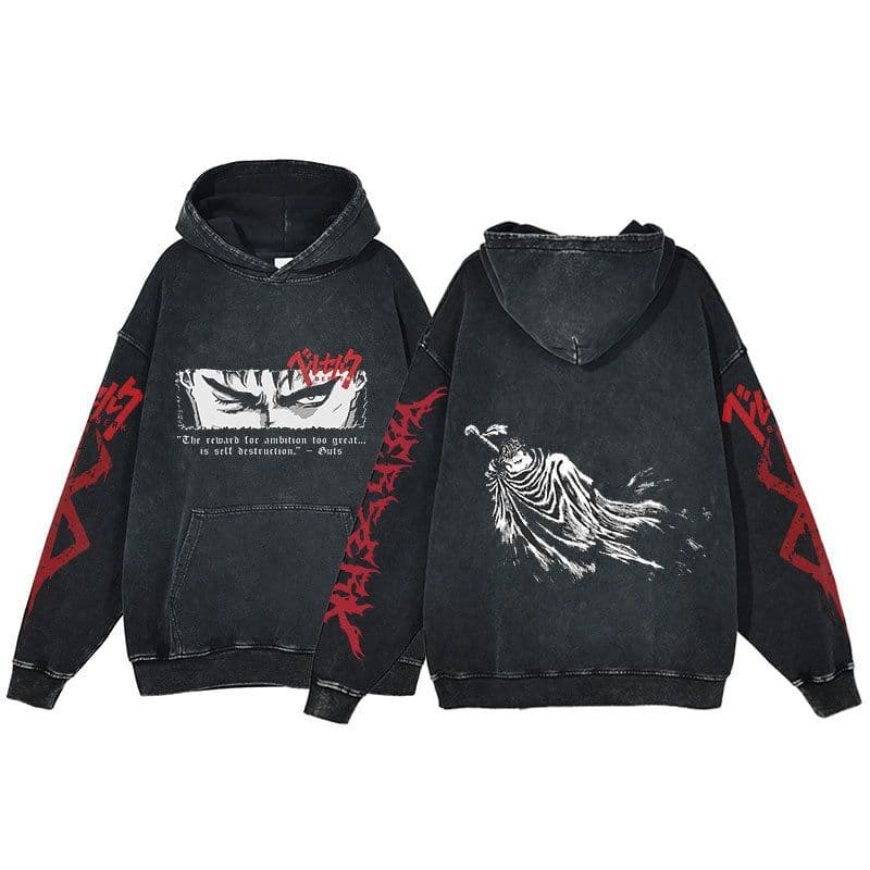 image-Anime Berserk Hoodie Men's Clothing Black Vintage Print Cot