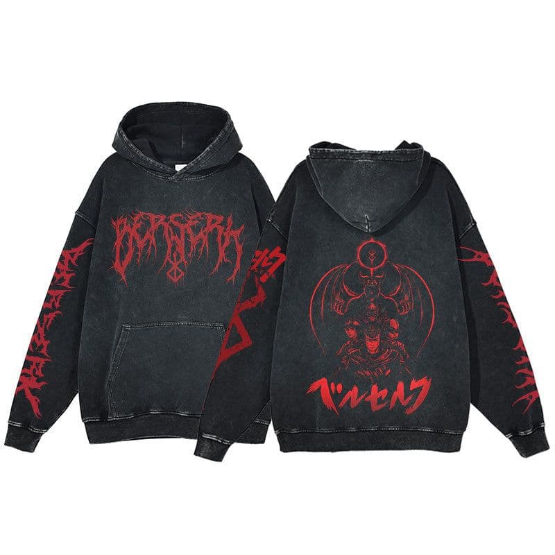 image-Anime Berserk Hoodie Men's Clothing Black Vintage Print Cot