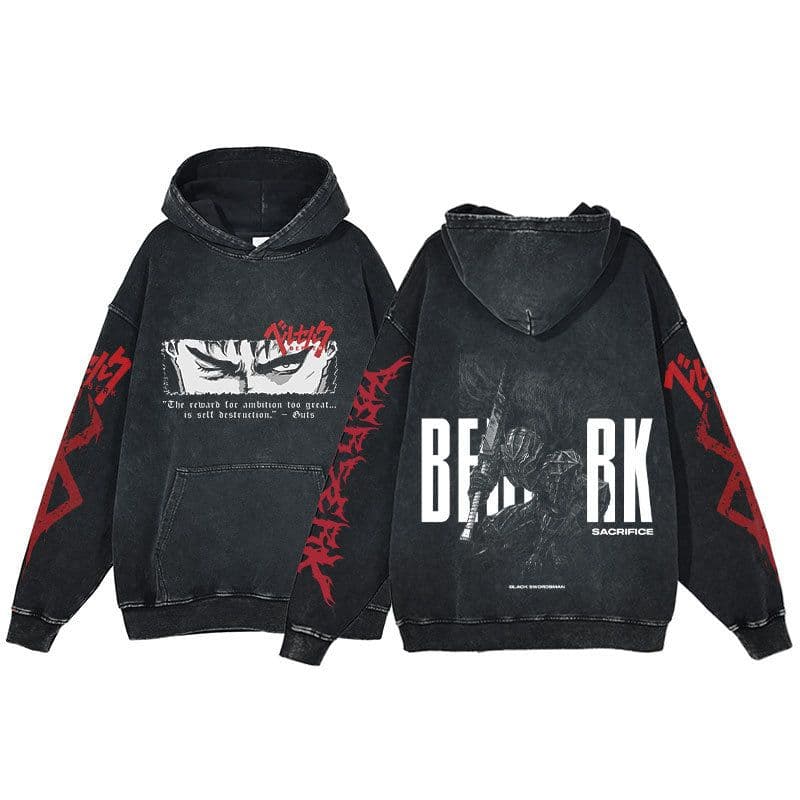 image-Anime Berserk Hoodie Men's Clothing Black Vintage Print Cot