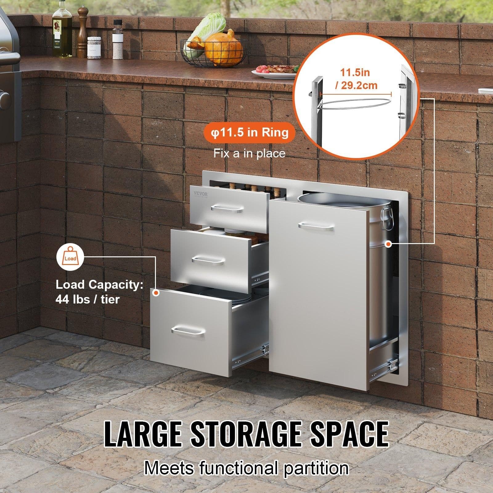 image-VEVOR Outdoor Kitchen Door Drawer Combo 29.5" W x 22.6" H x 21.7''D, Access Door/Triple Drawers with Propane Drawer and Adjustable Garbage Ring, Perfect for BBQ Island Patio Grill Station