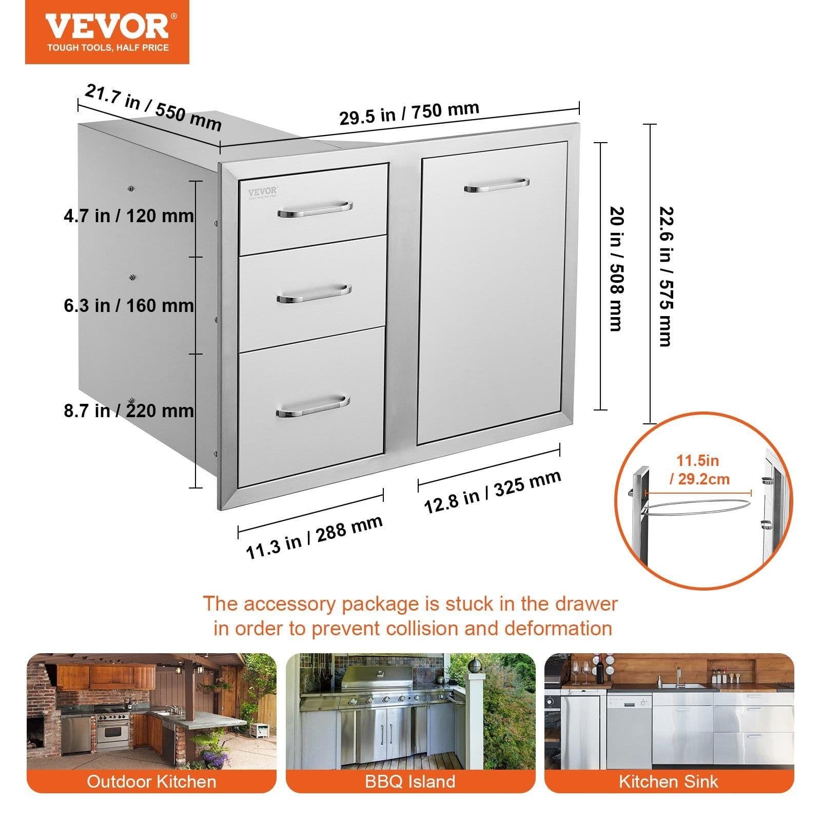 image-VEVOR Outdoor Kitchen Door Drawer Combo 29.5" W x 22.6" H x 21.7''D, Access Door/Triple Drawers with Propane Drawer and Adjustable Garbage Ring, Perfect for BBQ Island Patio Grill Station