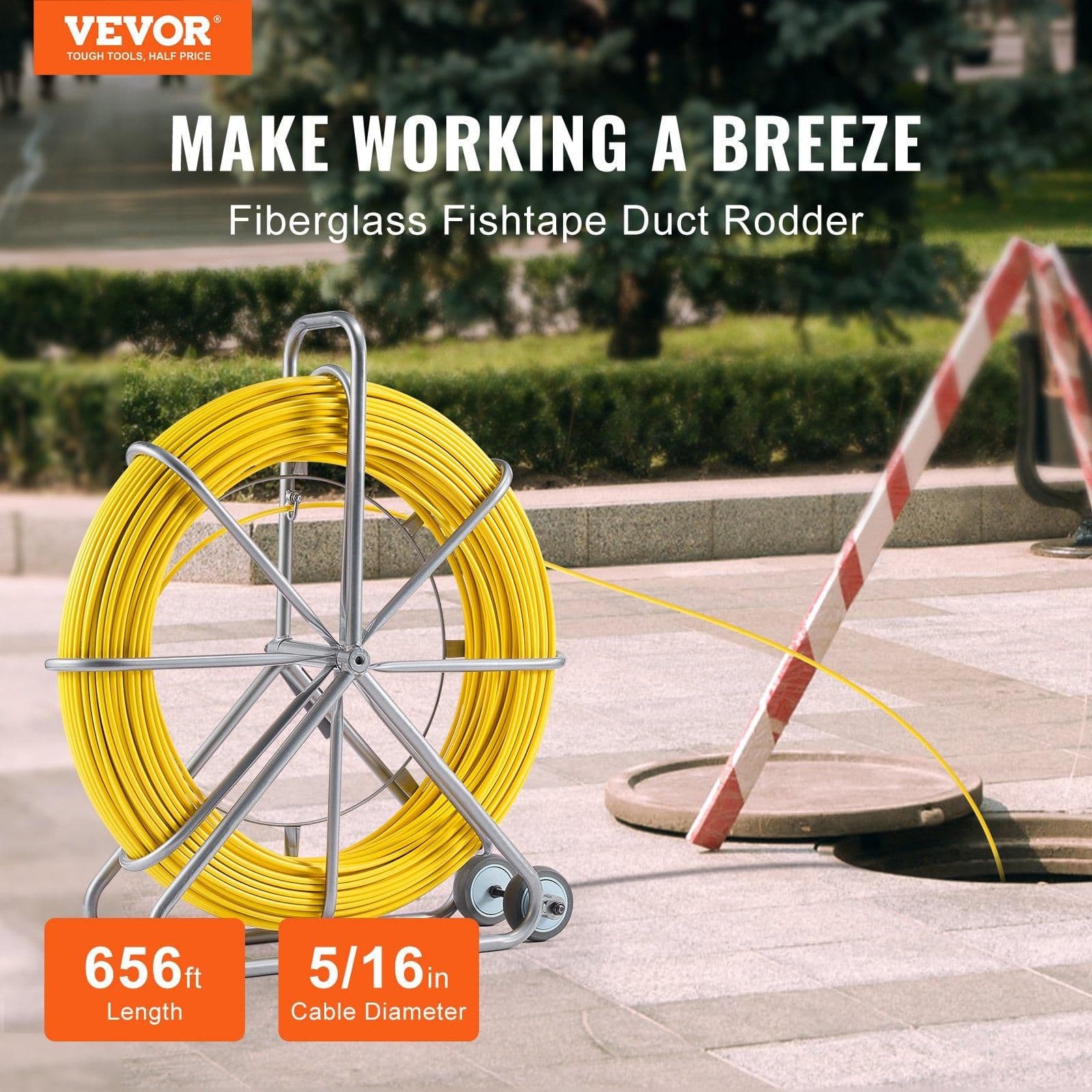 image-VEVOR Fiberglass Fish Tape 5/16" x 656' Duct Rodder Reel