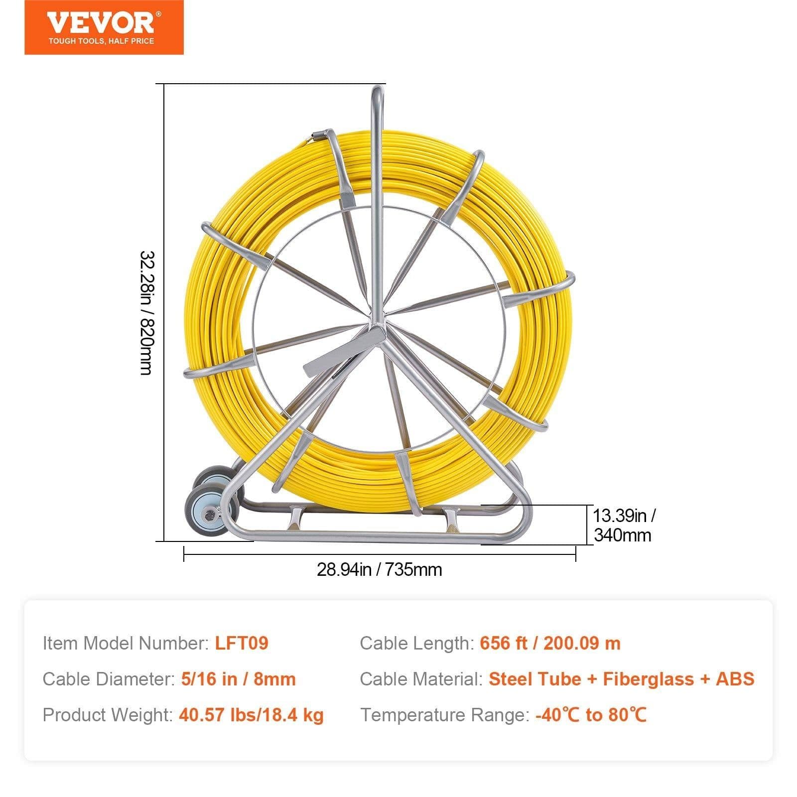 image-VEVOR Fiberglass Fish Tape 5/16" x 656' Duct Rodder Reel
