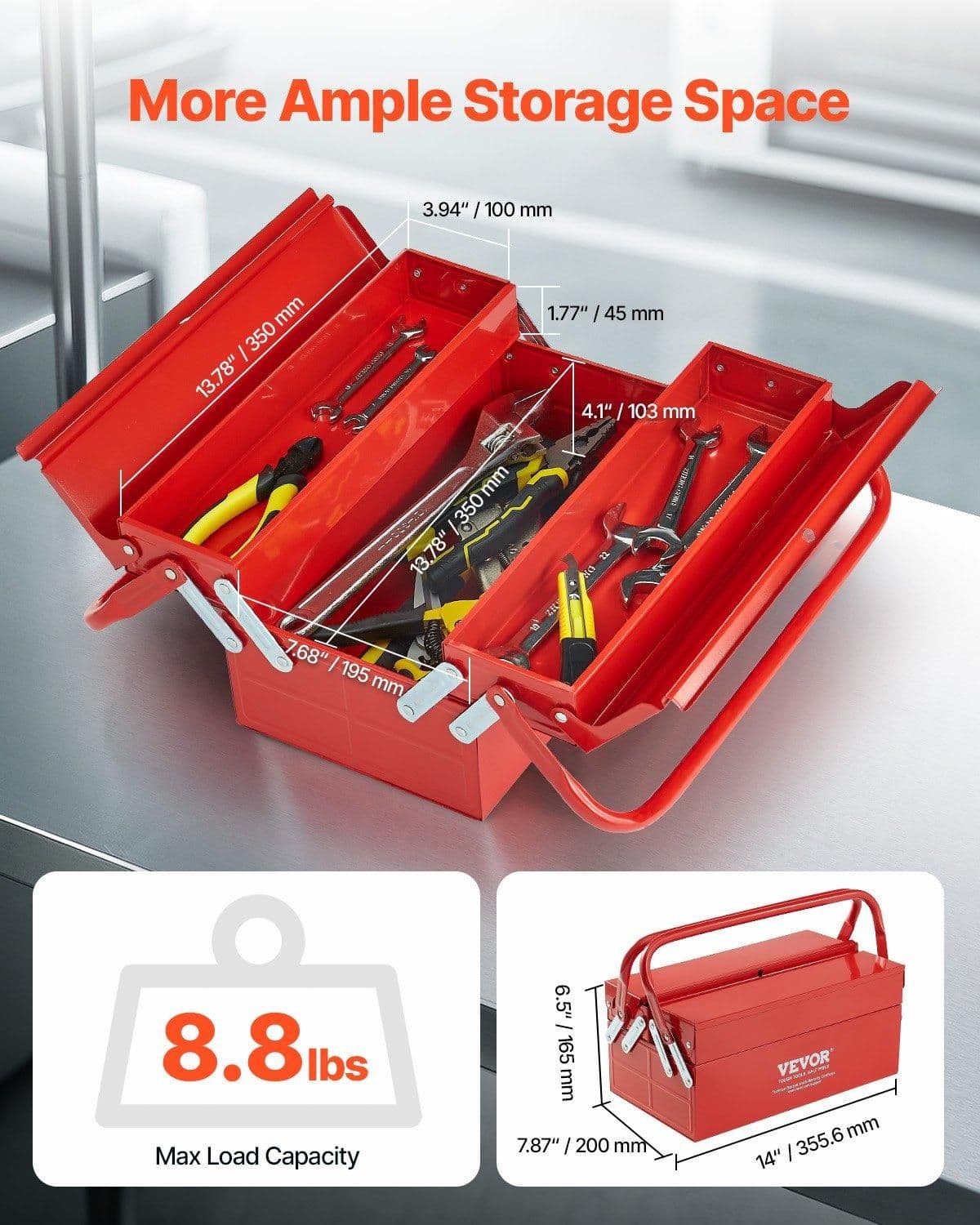 image-VEVOR Metal Tool Box, 14-inch, 2-Tier 3-Tray Portable Folding Tool Chest Organizer with Handle & Lock Hole, Powder Coated Steel, Cantilever Toolbox for Household Factory Warehouse Repair Shop, Red