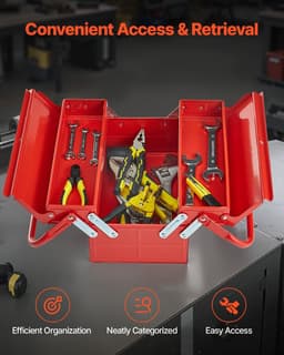 image-VEVOR Metal Tool Box, 14-inch, 2-Tier 3-Tray Portable Folding Tool Chest Organizer with Handle & Lock Hole, Powder Coated Steel, Cantilever Toolbox for Household Factory Warehouse Repair Shop, Red