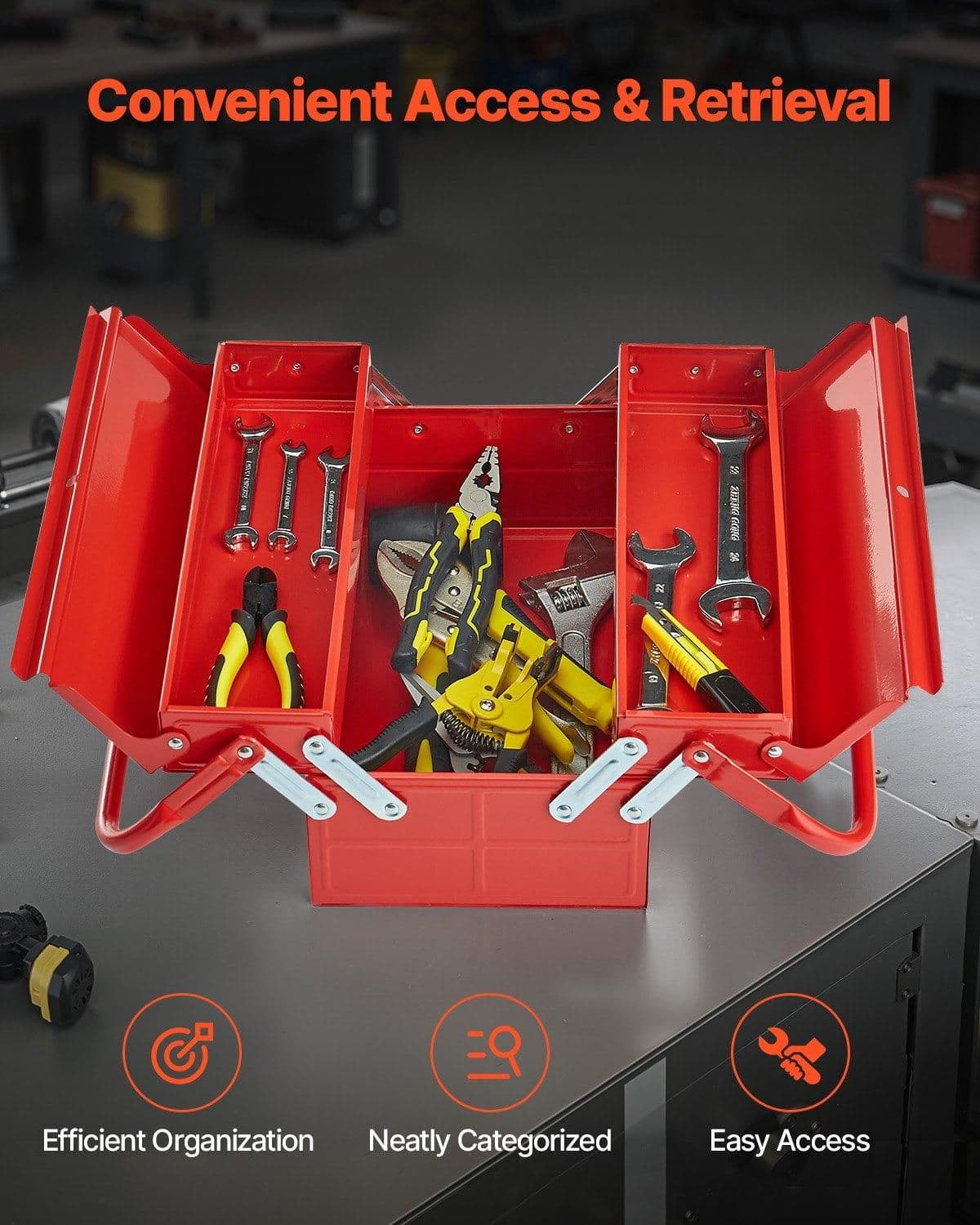 image-VEVOR Metal Tool Box, 14-inch, 2-Tier 3-Tray Portable Folding Tool Chest Organizer with Handle & Lock Hole, Powder Coated Steel, Cantilever Toolbox for Household Factory Warehouse Repair Shop, Red
