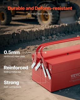 image-VEVOR Metal Tool Box, 14-inch, 2-Tier 3-Tray Portable Folding Tool Chest Organizer with Handle & Lock Hole, Powder Coated Steel, Cantilever Toolbox for Household Factory Warehouse Repair Shop, Red