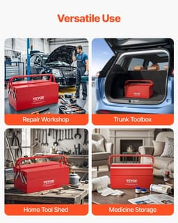 image-VEVOR Metal Tool Box, 14-inch, 2-Tier 3-Tray Portable Folding Tool Chest Organizer with Handle & Lock Hole, Powder Coated Steel, Cantilever Toolbox for Household Factory Warehouse Repair Shop, Red