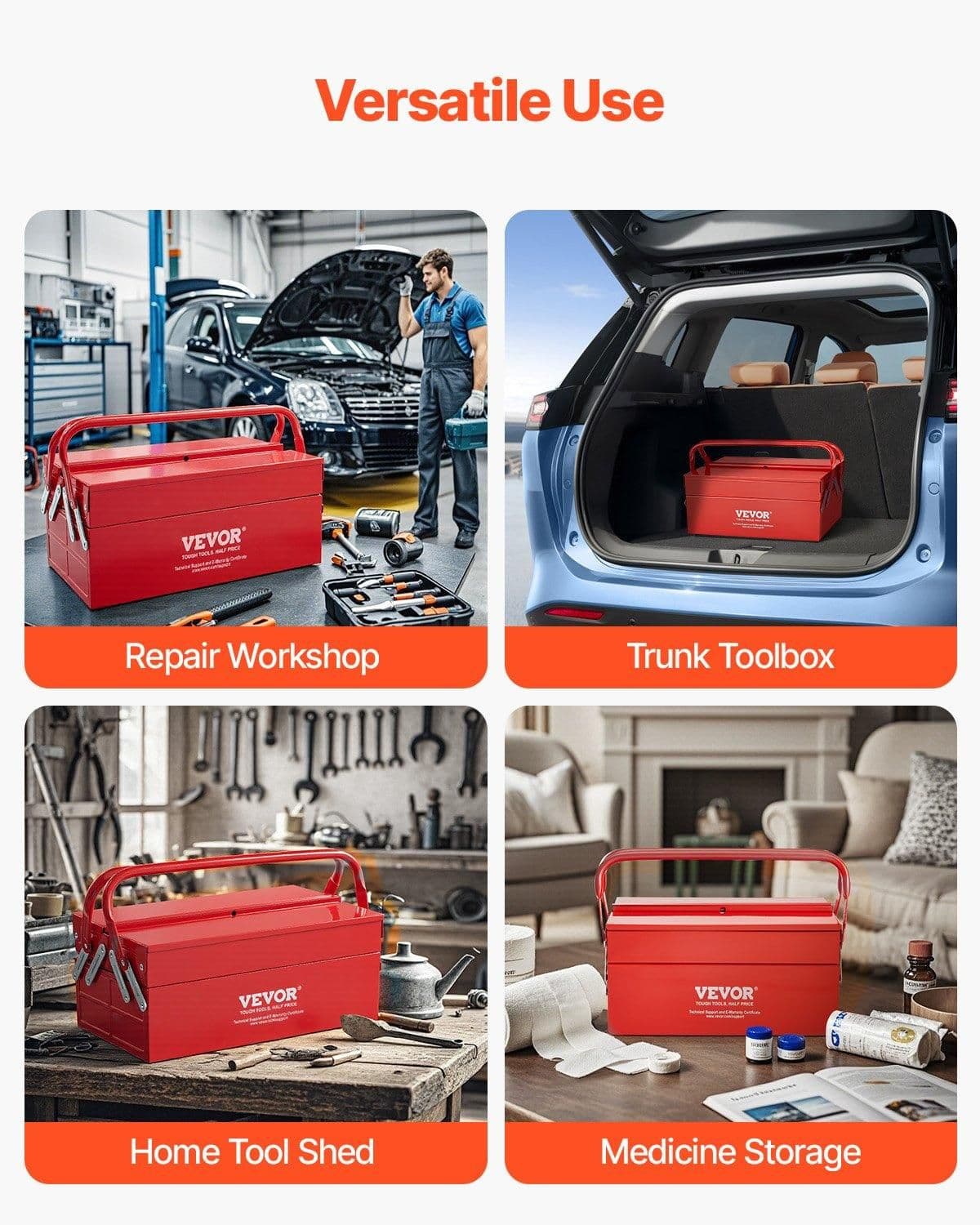 image-VEVOR Metal Tool Box, 14-inch, 2-Tier 3-Tray Portable Folding Tool Chest Organizer with Handle & Lock Hole, Powder Coated Steel, Cantilever Toolbox for Household Factory Warehouse Repair Shop, Red