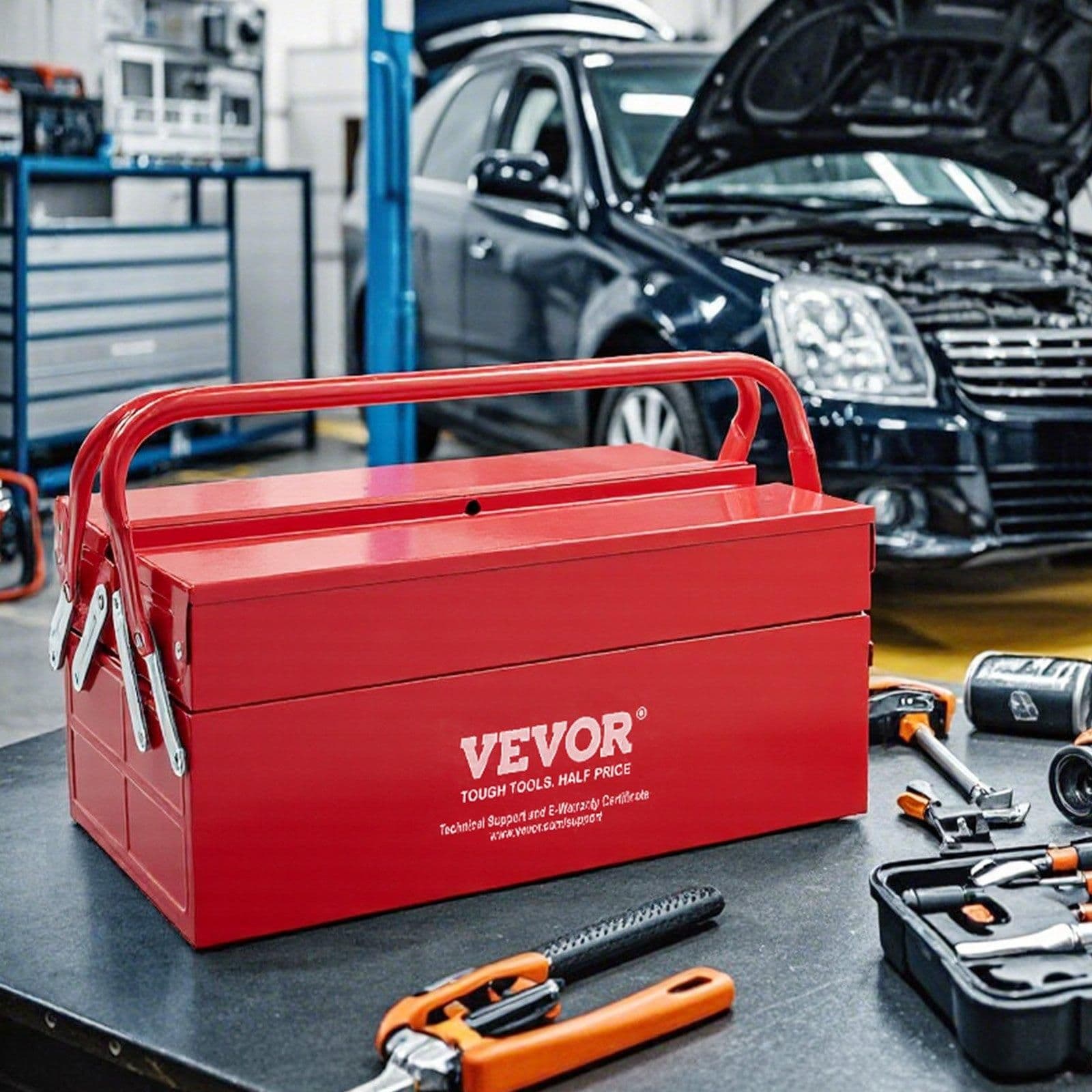 image-VEVOR Metal Tool Box, 14-inch, 2-Tier 3-Tray Portable Folding Tool Chest Organizer with Handle & Lock Hole, Powder Coated Steel, Cantilever Toolbox for Household Factory Warehouse Repair Shop, Red