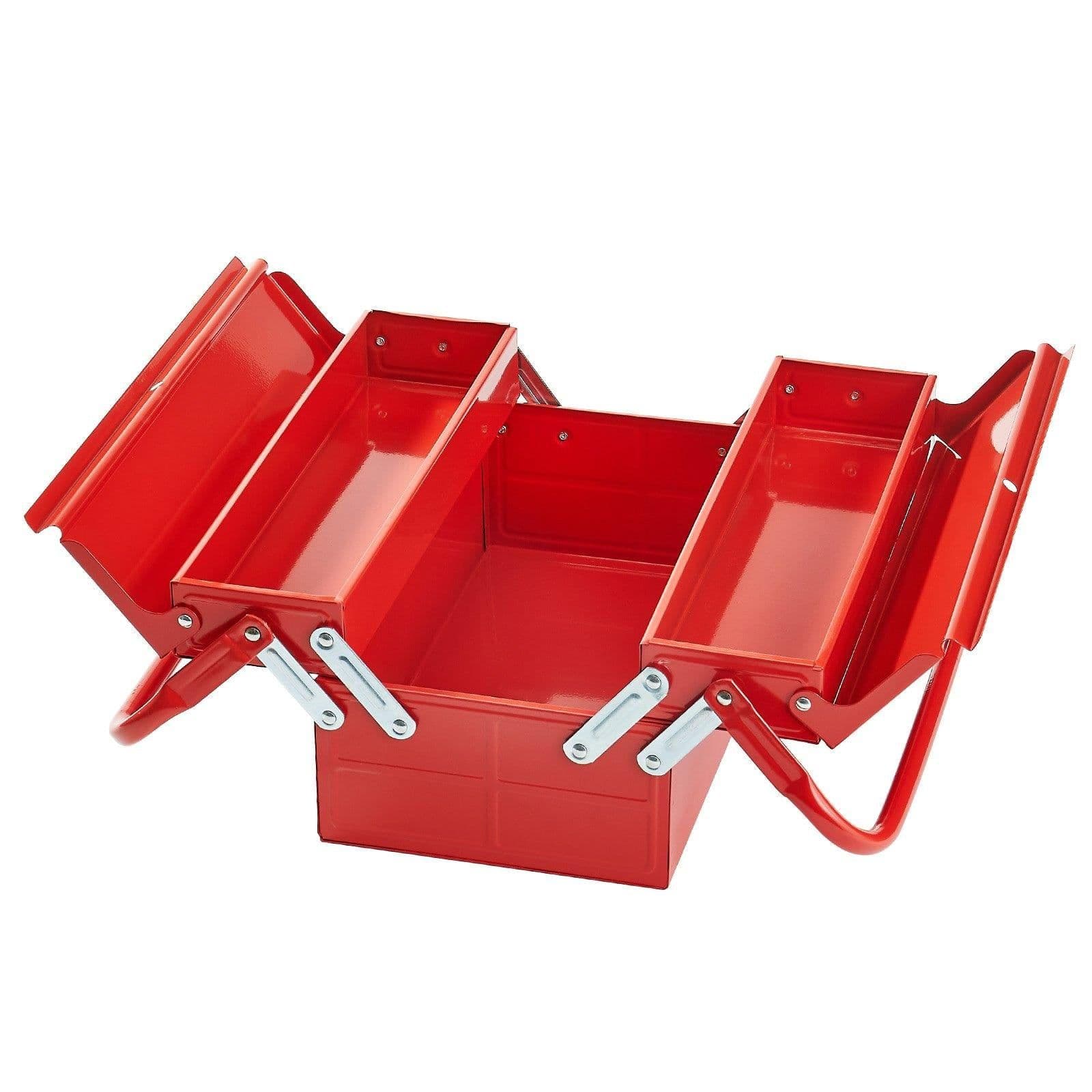 image-VEVOR Metal Tool Box, 14-inch, 2-Tier 3-Tray Portable Folding Tool Chest Organizer with Handle & Lock Hole, Powder Coated Steel, Cantilever Toolbox for Household Factory Warehouse Repair Shop, Red