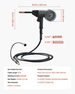 image-VEVOR 200Amp Spool Gun with 10FT Cable, Compatible with W Weldpro MlG200GDsv200 and MIG155GD Welders, Suitable for 0.030" and 0.035" Flux Core/Solid/Aluminum Welding Wires