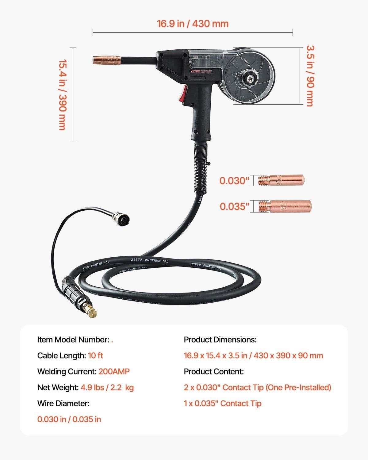 image-VEVOR 200Amp Spool Gun with 10FT Cable, Compatible with W Weldpro MlG200GDsv200 and MIG155GD Welders, Suitable for 0.030" and 0.035" Flux Core/Solid/Aluminum Welding Wires
