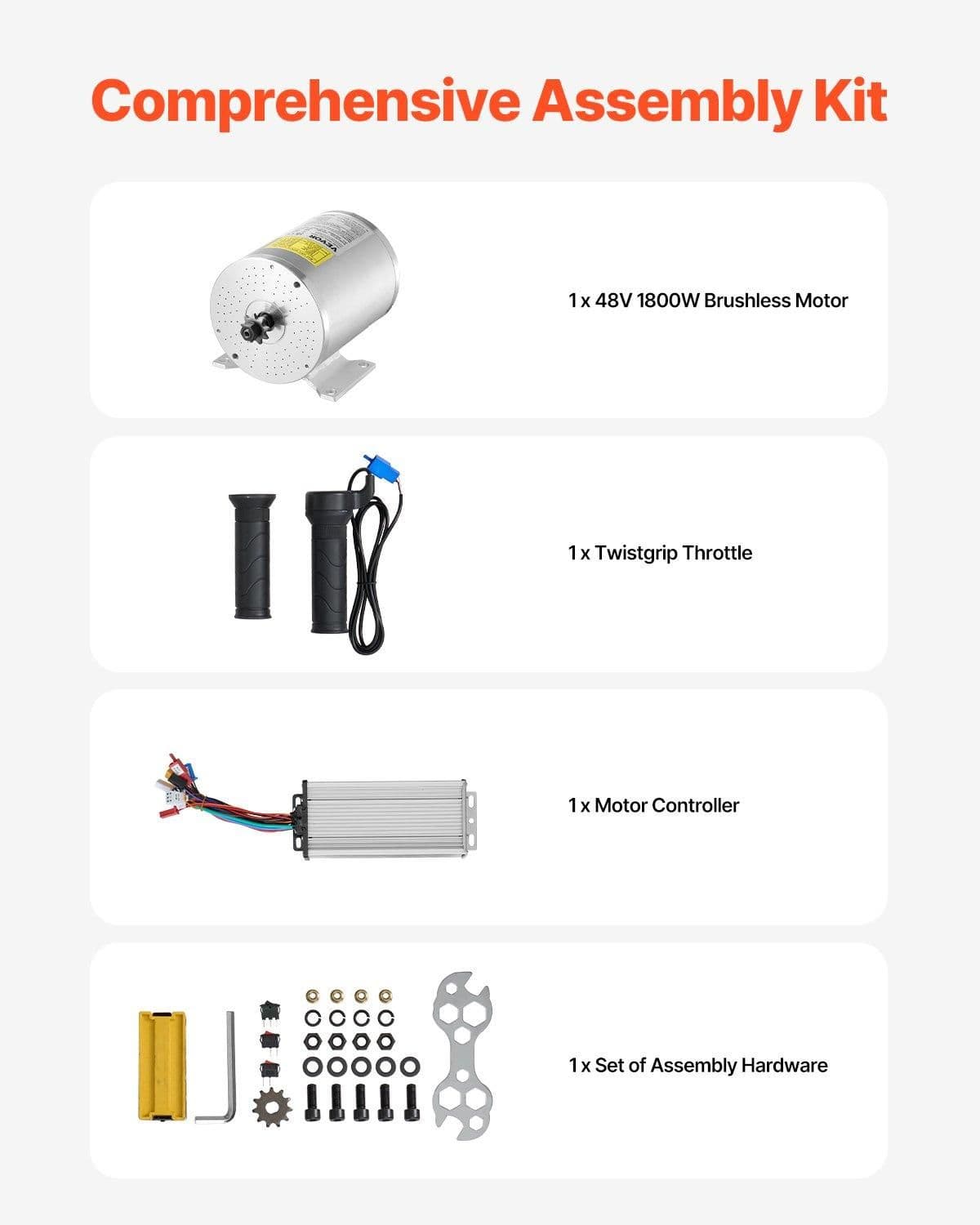 image-VEVOR 1800W Electric Brushless DC Motor Kit - 48V 4500rpm Motor with Upgraded Speed Controller and Throttle Grip Kit for Go Karts E-Bike Motorcycle Scooter DIY