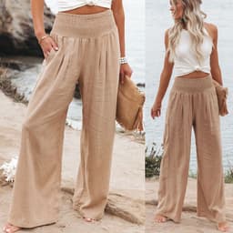 image-Europe and America Cross Border Amazon Spring New Casual Wide-Leg Pants Smocking High Waist Pure Color Casual Long Pants for Women