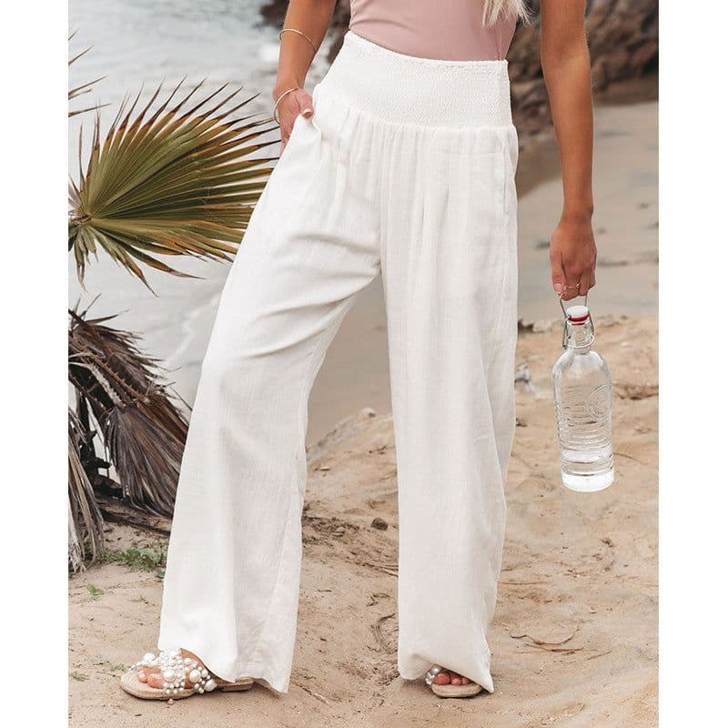 image-Europe and America Cross Border Amazon Spring New Casual Wide-Leg Pants Smocking High Waist Pure Color Casual Long Pants for Women
