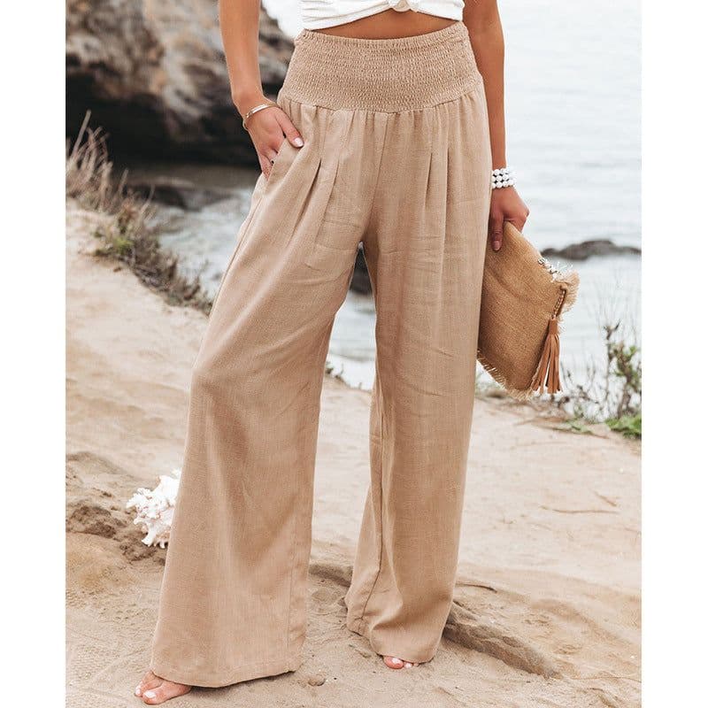 image-Europe and America Cross Border Amazon Spring New Casual Wide-Leg Pants Smocking High Waist Pure Color Casual Long Pants for Women