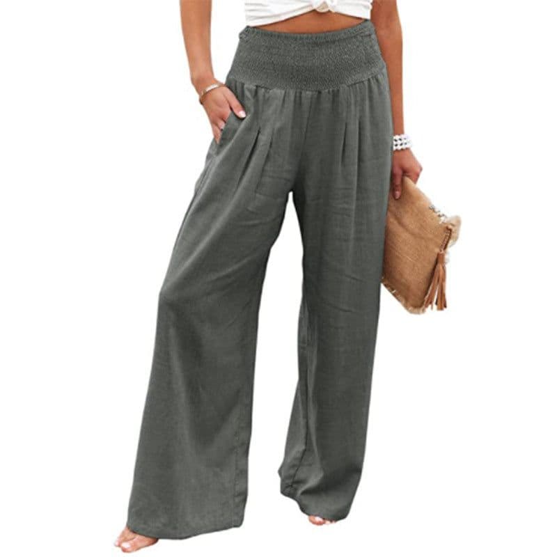 image-Europe and America Cross Border Amazon Spring New Casual Wide-Leg Pants Smocking High Waist Pure Color Casual Long Pants for Women